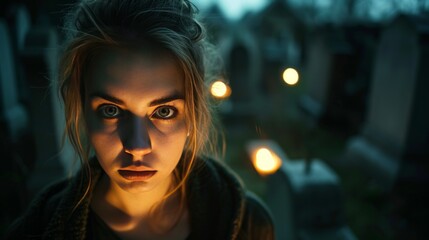 Woman with a very strong scared face in an old village cemetery at night