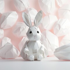 A fluffy white paper bunny surrounded by colorful easter eggs brings a touch of whimsy to any indoor space