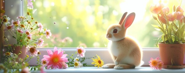 A domestic rabbit enjoys the warmth of the sun while surrounded by blooming flowers, creating a peaceful and picturesque scene for an easter greeting card - obrazy, fototapety, plakaty