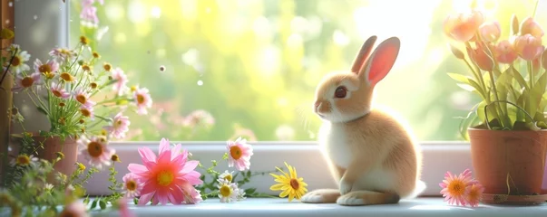 Foto op Plexiglas A domestic rabbit enjoys the warmth of the sun while surrounded by blooming flowers, creating a peaceful and picturesque scene for an easter greeting card © lagano