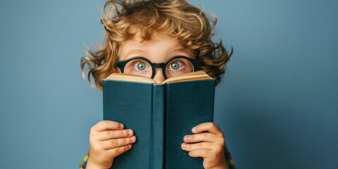 A young amazed or surprised child with big eyes holding a book close to their face - obrazy, fototapety, plakaty