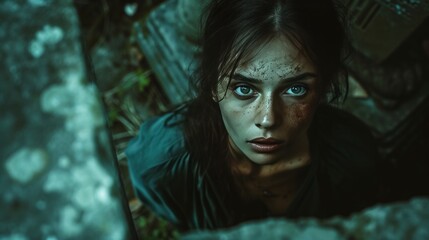 Woman with a very strong scared face in an old village cemetery at night