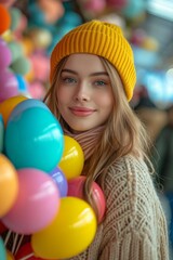 Fototapeta na wymiar A joyful woman celebrates valentine's day by shopping for party supplies while wearing a stylish yellow beanie and hat, holding colorful balloons with a smile on her face