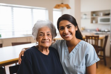Senior woman with caregiver smiling at home