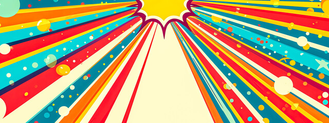 multicolored diagonal stripes that converge towards a sunburst effect at the top center, adorned with playful dots, bubbles, and stars, creating a cheerful and energetic visual explosion
