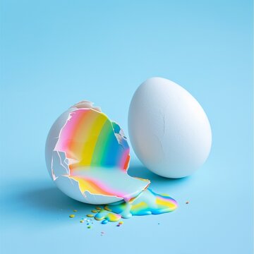 A vibrant easter egg decorated with a rainbow of colors sits next to a pristine white egg, embodying the joy and creativity of egg decorating in a spherical display
