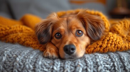  a close up of a dog laying on a couch with a blanket on it's back and it's head resting on it's paws on a blanket.