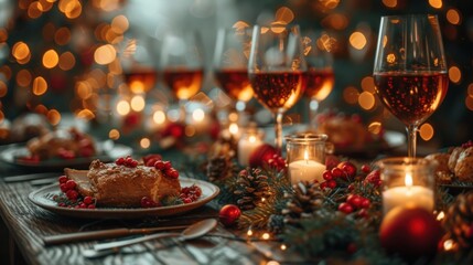  a close up of a plate of food on a table with glasses of wine and a lite up christmas tree in the background with lights on the other side of the table.