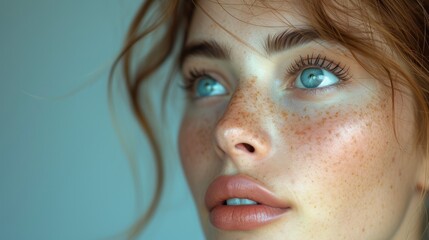  a close up of a woman's face with freckles and freckles on her face and freckles of freckles on her face.