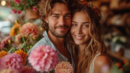  a man and a woman standing next to each other in front of a bunch of flowers with a smile on their faces and one woman's face looking at the camera.