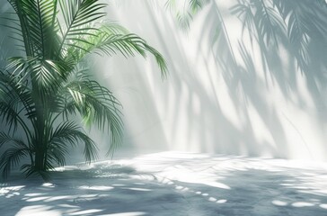 a background of a white room with a silhouette of a tropical tree