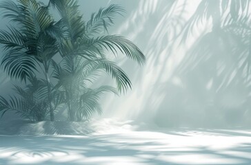 Fototapeta na wymiar a background of a white room with a silhouette of a tropical tree