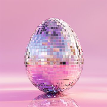 An iridescent disco egg gleams against a vibrant pink canvas, evoking feelings of whimsy and wonder with its spherical shape and reflective surface