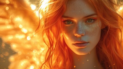  a close up of a woman with orange hair and angel wings on her head and body, looking at the camera, with bright light shining on her face and behind her.