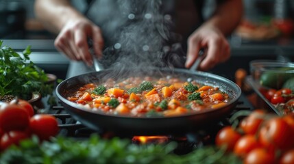  a person cooking food in a wok on a stove with a lot of tomatoes and broccoli on the side of the wok, with steam coming out of the wok.