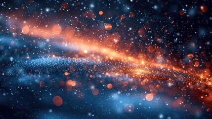 Obraz na płótnie Canvas a blurry image of a space filled with stars and dust, with a bright orange and blue light coming from the center of the center of the image and a black background.