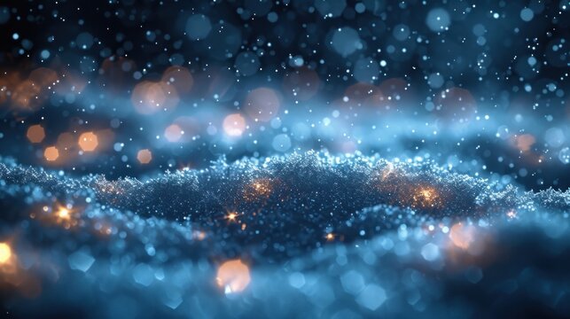  a close up of a blurry image of a blue and black background with stars and snow flakes on the top of the image and bottom half of the image.