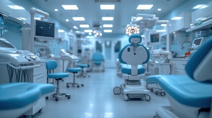  a room filled with lots of blue and white chairs and a light blue chair in the middle of the room and a light blue chair in the middle of the room.