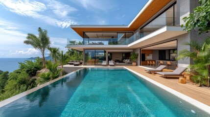 a large swimming pool in front of a large house with a view of the ocean and a deck with chaise lounges on the side of the swimming pool. - obrazy, fototapety, plakaty