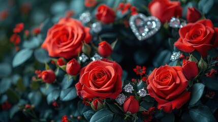  a close up of a bunch of red roses with a diamond ring in the middle of the middle surrounded by greenery and red roses with a diamond ring in the middle.