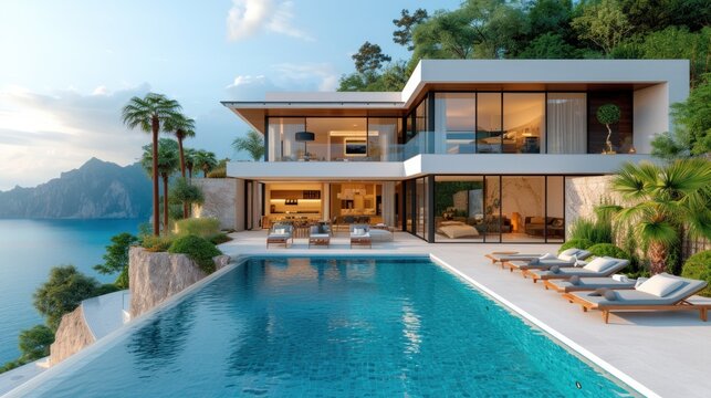  A Large Swimming Pool In Front Of A Large House With A View Of The Ocean And Mountains In The Back Of The Pool Is A Chaise Lounge Chairs And Chaise Lounges.