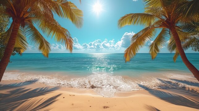  a painting of a tropical beach with palm trees and the sun shining through the clouds in the sky over the water and on the beach is a sandy beach with white sand.