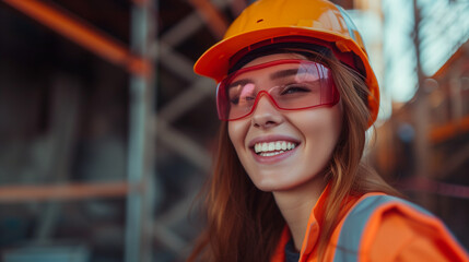 Young woman in hardhat and pink safety glasses, smiling on a work site