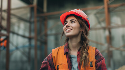 Happy young woman construction worker looking up on an outdoor site in safety gear, women in trades