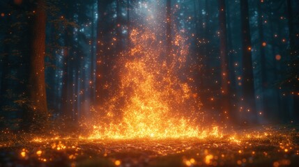  a fire in the middle of a forest filled with lots of bright yellow fire and glowing fireflies in front of a dark forest filled with lots of bright yellow fireflies.
