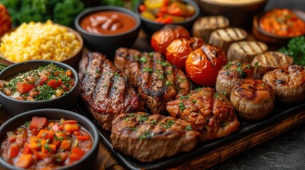  a tray filled with different types of meat and veggies next to bowls of sauces and sauces on top of a counter top of a wooden table.