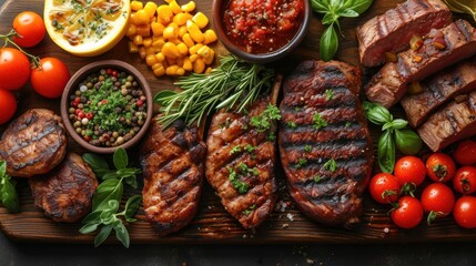  a wooden cutting board topped with meat and veggies next to a bowl of tomatoes and a bowl of fruit and a small bowl of sauce on the side.