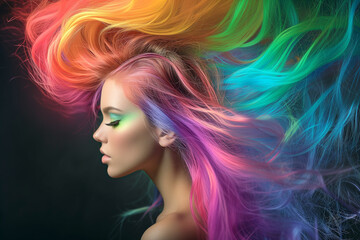 Beautiful woman with multi-colored hair and creative make up and hairstyle. Beauty face. Model for hairstyles. Beauty fashion portrait of a woman with rainbow-dyed hair.