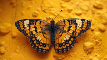 Fototapeta na wymiar a yellow and black butterfly sitting on a yellow surface with drops of water on it's wings and a black and white stripe on the top of the wings.
