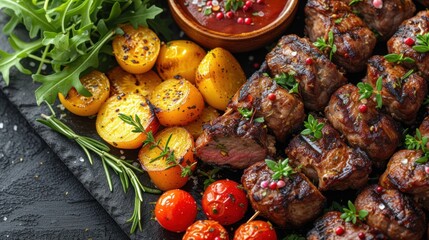  a close up of a plate of food with meat and veggies next to a small bowl of tomatos and a small bowl of sauce on the side.