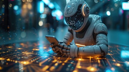  a robot sitting on top of a table with a cell phone in it's hand in front of a cityscape with lights and buildings in the background. - obrazy, fototapety, plakaty