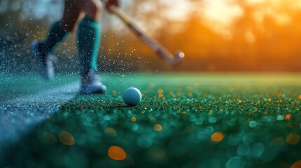  a close up of a person hitting a golf ball with a golf club on a green grass covered golf course with boke boke boke lights in the background. - obrazy, fototapety, plakaty