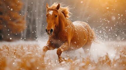  a brown horse running through a field of tall grass with snow falling on it's head and it's body in the foreground, with trees in the background.