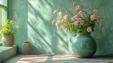  a green vase filled with pink flowers sitting on a window sill next to a window sill with a green wall and two pink vases in the background.