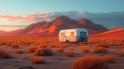  an rv is parked in the middle of a desert with mountains in the background and grass in the foreground and a pink sky in the middle of the foreground. - obrazy, fototapety, plakaty