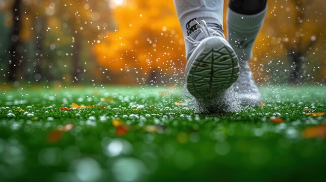 a close up of a soccer player's feet kicking a soccer ball on a green field with trees in the background and water droplets on the grass and on the ground.