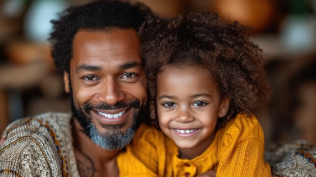  a man with a beard and a little girl with curly hair are smiling at the camera while they both have their arms around each other's shoulders and smiling.