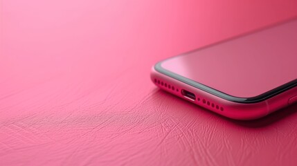  a close up of a cell phone on a pink surface with a blurry image of the back end of the phone and the back end of the cell phone.