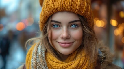  a close up of a woman wearing a yellow knitted hat and scarf and a scarf around her neck and a yellow knitted scarf around her neck and smiling.