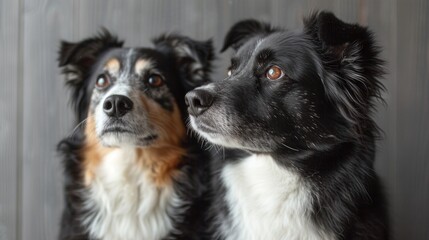  a couple of dogs sitting next to each other on top of a wooden floor in front of a wooden wall with a black and white border collie and brown border collie.