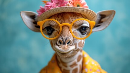  a giraffe with a hat, glasses and a flower on it's head is wearing a yellow jacket and a pink flower on it's head. - obrazy, fototapety, plakaty
