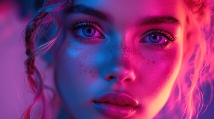  a woman with freckled hair and blue eyes is looking at the camera with pink and blue lighting on her face and freckled skin, with freckled freckled freckled freckled hair.