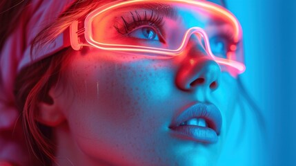  a close up of a person wearing a pair of glasses with neon lights on the side of their face and the image of a woman's face in the background.