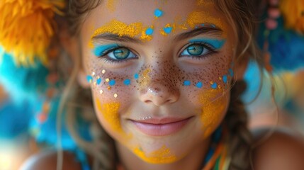  a close up of a child's face with yellow and blue paint on her face and a blue and yellow freckle on her head and blue eyes.