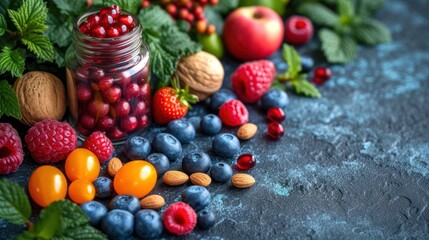  a jar of berries, raspberries, almonds, blueberries, raspberries, oranges, raspberries, raspberries, and more.