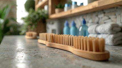  a wooden toothbrush sitting on top of a counter next to a shelf filled with towels and a potted plant in a corner of a room with other items. - obrazy, fototapety, plakaty